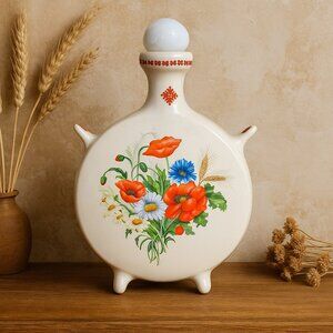 Vintage Folk Art Canteen Jug w/ Milk Glass Stopper Floral MCM Retro